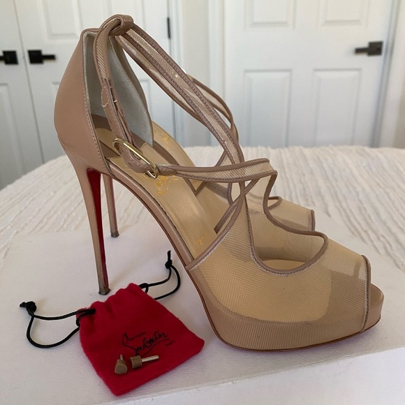 Christian Louboutin Shoes - Christian Louboutin Mariacar Nude Mesh Leather Platform Heels Size 38.5